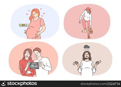 Collection of pregnant woman waiting for baby birth. Set of girl experience problems with pregnancy. Family growing and planning. Fertility and ivf treatment. Vector illustration.. Set of pregnant woman last pregnancy months