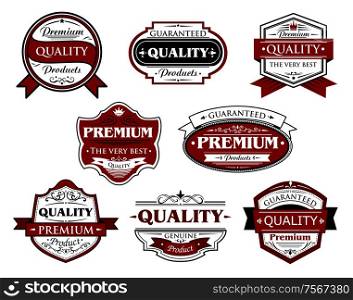 Collection of premium and quality labels or banners for retail industry design with various texts including premium, quality, guaranteed, genuine for retail industry design
