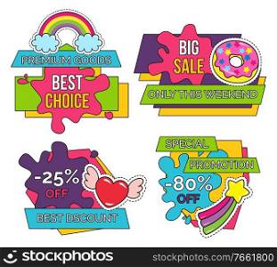 Collection of promotional banners for sale and discounts in shops and stores. Special proposal at market. Best choice 80 percent off price. Rainbow and donut, heart and star patches set, vector. Best Choice and Big Sale 25 Percent Off Banners