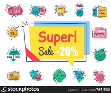 Collection of promotional banners, super sale 20 percent off. Proposition at store or market. Exclusive offer, seasonal clearance and discounts. Isolated set of icons in line style, vector in flat. Super Sale 20 Percent Off, Low Price Promo Banner