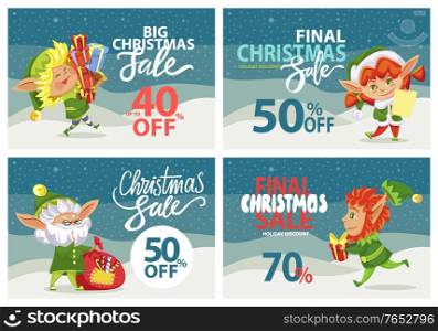 Collection of promotional posters for christmas and new year. Winter holidays shopping and reductions. Elves and calligraphic inscriptions. 50 Percent off for customers and shoppers, vector in flat. Big Sale and Discounts for Christmas and New Year