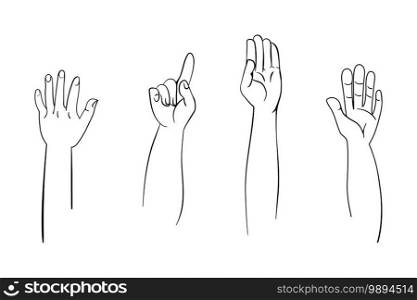 Collection of raised hands in vector line drawing for community or education concept