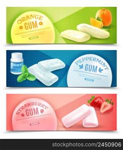 Collection of realistic gum horizontal banners with pieces of bubblegum and images of taste origin vector illustration. Chewing Gum Banners Set