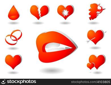 Collection of red and orange love icons with drop shadow