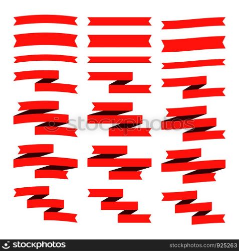 Collection of red flat style ribbons isolated on white with space for your text. Vector elements for your design.