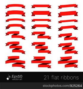 Collection of red flat style ribbons isolated on white with space for your text. Vector elements for your design. Paper origami.