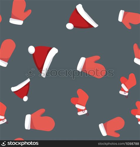 Collection of red santa gloves and Christmas hat seamless pattern. Festive endless design. Holiday decor wrapping paper, background. Colorful vector illustration in flat cartoon style.. Collection of red santa gloves and Christmas hat seamless pattern.