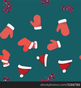 Collection of red santa gloves, Christmas hat and poinsettia seamless pattern. Festive endless design. Holiday decor wrapping paper, background. Colorful vector illustration in flat cartoon style.. Collection of red santa gloves, Christmas hat and poinsettia seamless pattern.