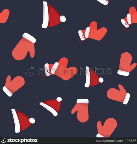 Collection of red santa gloves, Christmas hat and stockings seamless pattern. Festive endless design. Holiday decor wrapping paper, background. Colorful vector illustration in flat cartoon style.. Collection of red santa gloves, Christmas hat and stockings seamless pattern.