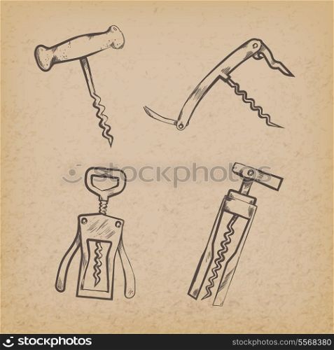 Collection of retro corkscrews on paper vector illustration