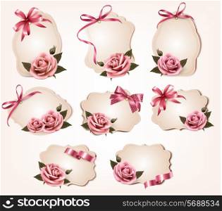Collection of retro greeting cards with pink roses. Vector illustration.