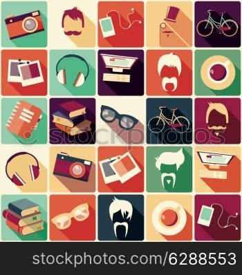 Collection of retro hipster elements, hairstyles and items, vector illustration