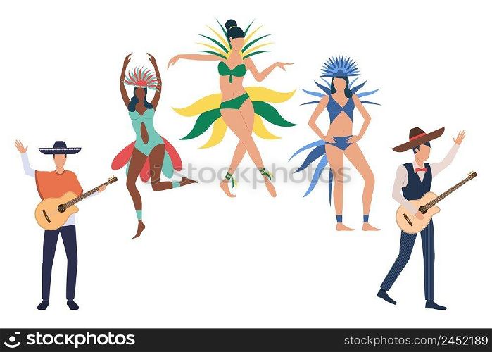 Collection of Rio de Janeiro festival participants. Group of dancers at annual Brazilian carnival. Vector illustration for banner, commercial, presentation. Collection of Rio de Janeiro festival participants