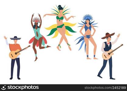 Collection of Rio de Janeiro festival participants. Group of dancers at annual Brazilian carnival. Vector illustration for banner, commercial, presentation. Collection of Rio de Janeiro festival participants