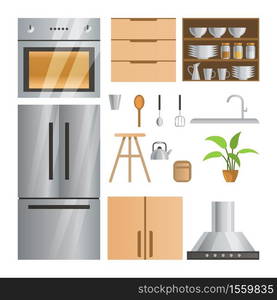 collection of room decoration of kitchen with gradient design,vector illustration