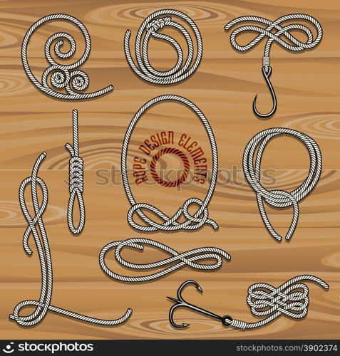 Collection of Rope Design elements. Drawn in vintage style. Knots, loops and hooks. Free font used.