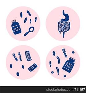 Collection of round badges with probiotics elements. Set of treatment of digestive system symbols. Vector illustration.