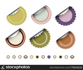 Collection of round vintage labels with curved edges. Vector set on white background