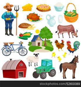 Collection Of Rural Decorative Cartoon Icons . Collection of rural decorative cartoon icons with farmer with pitchfork farm animals and dishes from natural products isolated vector illustration