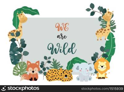 Collection of safari background set with giraffe,zebra,fox,lion.Editable vector illustration for birthday invitation,postcard and sticker.Wording include we are wild