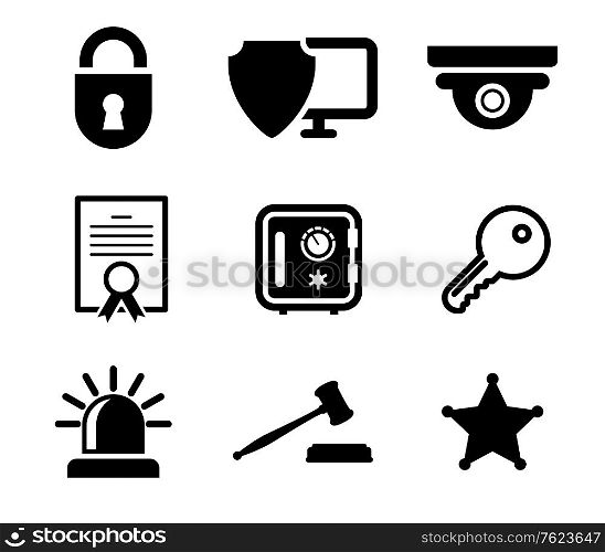 Collection of safety and security icons in black and white depicting a padlock, computer security, certificate, key, police light, gavel and sheriffs star