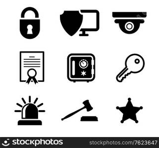 Collection of safety and security icons in black and white depicting a padlock, computer security, certificate, key, police light, gavel and sheriffs star