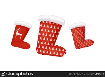 Collection of Santa red sock with print of deer and trees with pattern of line with fur. Decoration for winter holiday 2019 isolated on white vector. Collection of Santa Red Socks with Pattern Vector
