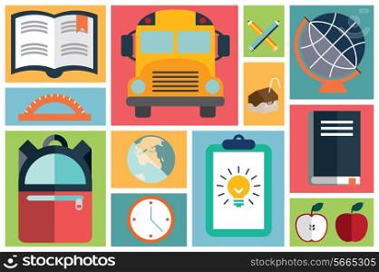 Collection of school items icons, flat design, long shadow