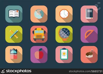 Collection of school items icons, flat design, long shadow