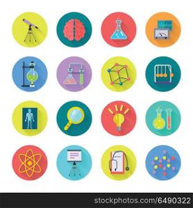 Collection of scientific vector icons. Flat design. Laboratory tools, atomic lattice, loupe, bulb, brain illustrations for scientific, educational, medical concepts, app buttons. Isolated on white. Set of Scientific Vector Icons in Flat Design . Set of Scientific Vector Icons in Flat Design
