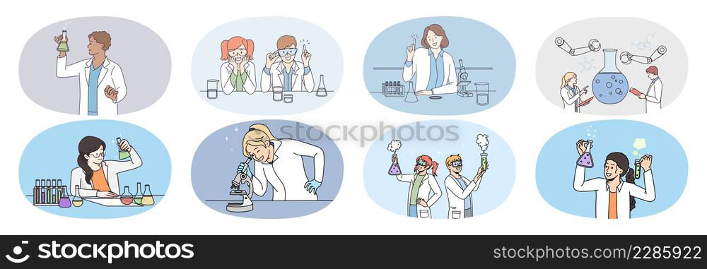 Collection of scientists work in lab experiment with cell using test tubes and microscope. Set of researchers in medical uniform develop vaccine in laboratory. Pharmacy concept. Vector illustration. . Collection of researchers work with test tubes in laboratory