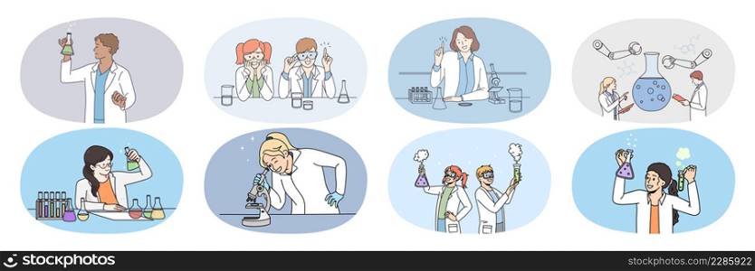 Collection of scientists work in lab experiment with cell using test tubes and microscope. Set of researchers in medical uniform develop vaccine in laboratory. Pharmacy concept. Vector illustration. . Collection of researchers work with test tubes in laboratory