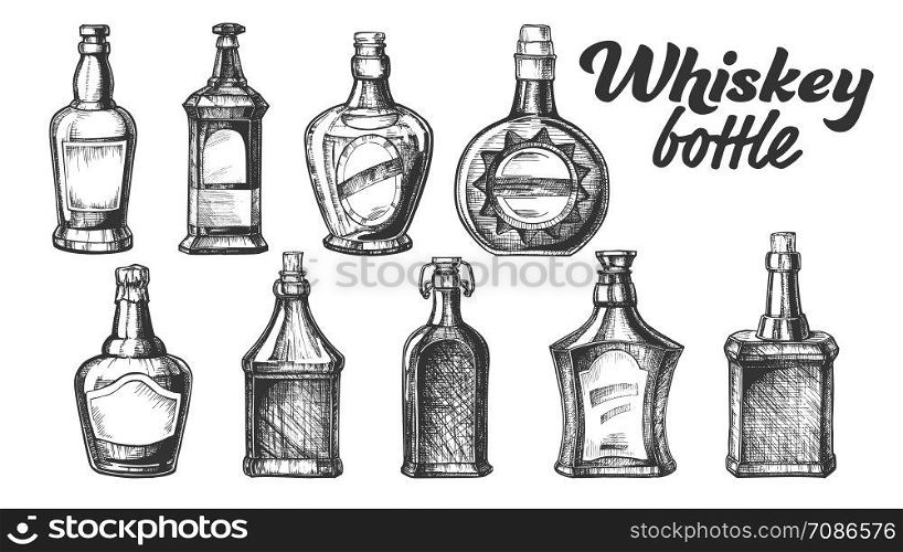 Collection Of Scotch Whisky Bottle Set Vector. Different Hand Drawn Stylish Modern And Vintage Bottle of Traditional England Grain Alcoholic Drink. Monochrome Mockup Design Cartoon Illustration. Collection Of Scotch Whisky Bottle Set Vector