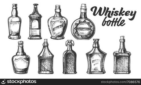 Collection Of Scotch Whisky Bottle Set Vector. Different Hand Drawn Stylish Modern And Vintage Bottle of Traditional England Grain Alcoholic Drink. Monochrome Mockup Design Cartoon Illustration. Collection Of Scotch Whisky Bottle Set Vector