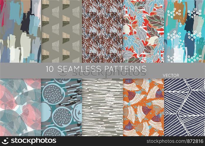 Collection of seamless patterns. Abstract design elements in set. Doodles with crayon and grunge texture roughly hand drawn.