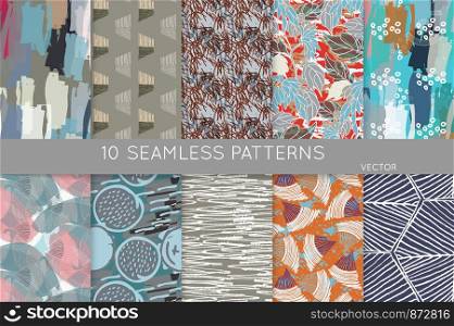 Collection of seamless patterns. Abstract design elements in set. Doodles with crayon and grunge texture roughly hand drawn.