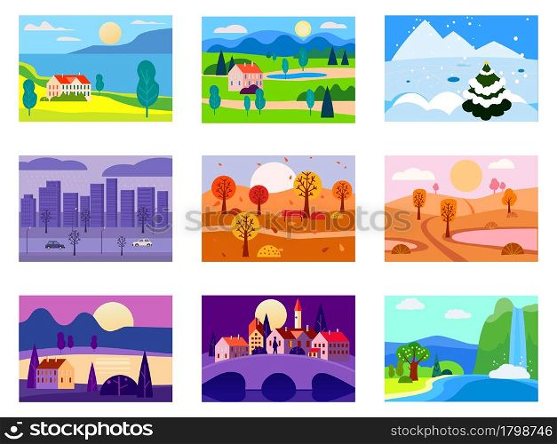 Collection of seasons landscapes winter, spring, summer, autumn. Rural, mountaines, field, city, sea, snow, hot, rain, night. Vector minimalistic flat illustration isolated. Collection of seasons landscapes winter, spring, summer, autumn. Rural, mountaines, field, city, sea, snow, hot, rain, night. Vector minimalistic flat illustration