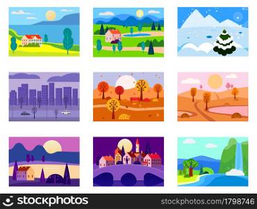 Collection of seasons landscapes winter, spring, summer, autumn. Rural, mountaines, field, city, sea, snow, hot, rain, night. Vector minimalistic flat illustration isolated. Collection of seasons landscapes winter, spring, summer, autumn. Rural, mountaines, field, city, sea, snow, hot, rain, night. Vector minimalistic flat illustration
