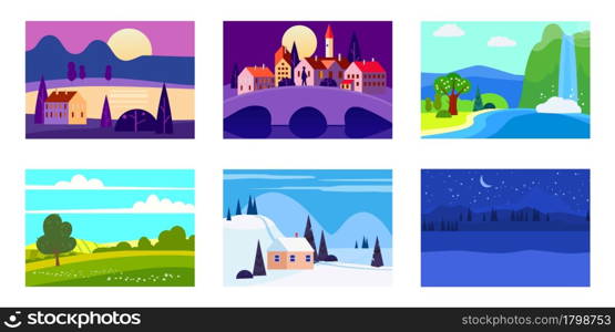 Collection of seasons landscapes winter, spring, summer, autumn. Rural, mountaines, field, city, sea, snow, hot, rain, night. Vector minimalistic flat illustration isolated. Collection of seasons landscapes winter, spring, summer, autumn. Rural, mountaines, field, city, sea, snow, hot, rain, night. Vector minimalistic flat illustration