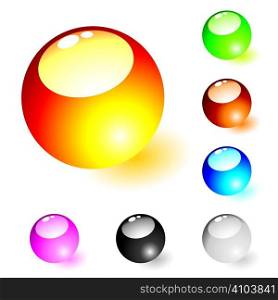 Collection of seven glass marbles with light reflection and shadow