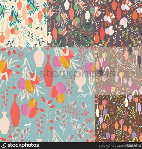 Collection of seven vector seamless patterns with floral elements, spring flowers, tulips, lilies and vases, vector illustration