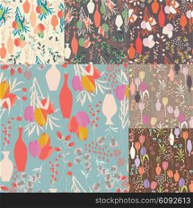 Collection of seven vector seamless patterns with floral elements, spring flowers, tulips, lilies and vases, vector illustration