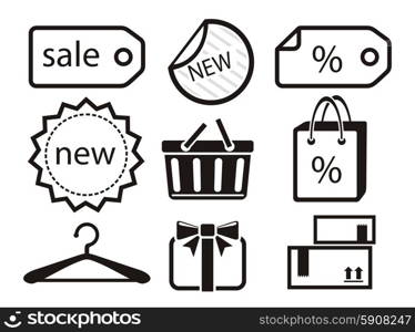 Collection of shopping icons such as tag, sticker, basket, bag, clothes rack, gift in black color isolated on white background