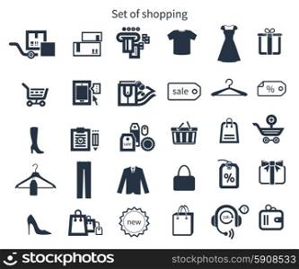 Collection of shopping icons such as tag, sticker, basket, bag, clothes rack, gift in black color isolated on white background