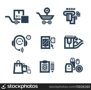 Collection of shopping icons such as tag, sticker, basket, bag, trolley, support in black color isolated on white background
