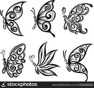 Collection of silhouettes butterflies elegant for tattoo design of illustration