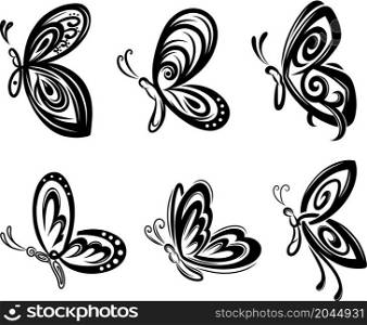 Collection of silhouettes butterflies for tattoo design of illustration