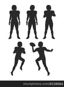 Collection of Silhouettes. Football Players Set. Silhouettes of american football players. Strong athletic sportsman. Icons of soccer game members. Standing men, holding a ball. Jumping and throwing balls underneath. Simple cartoon style. Vector
