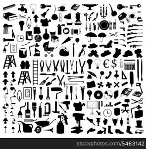 Collection of silhouettes of subjects. Silhouettes of various subjects and tools. A vector illustration