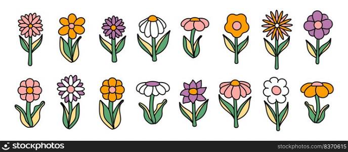 Collection of simple blooming flowers in 1970s psychedelic hippie style. Set of graphic stickers in retro design. groovy background. editable stroke isolated vector illustration.. Collection of simple blooming flowers in 1970s psychedelic hippie style. Set of graphic stickers in retro design. groovy background. editable stroke isolated vector illustration